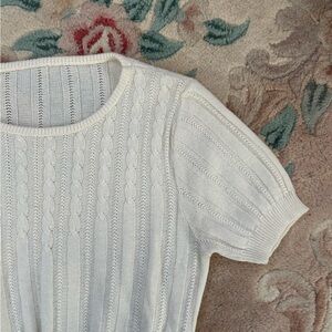 VTG 70s 80s Elegant Ivory Cable Knit Short Sleeve Sweater